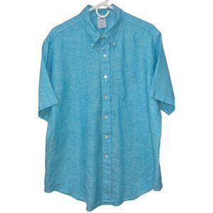 Brooks Brothers Irish Linen Button Down Shirt XL Aqua Blue Short Sleeve Slim Fit